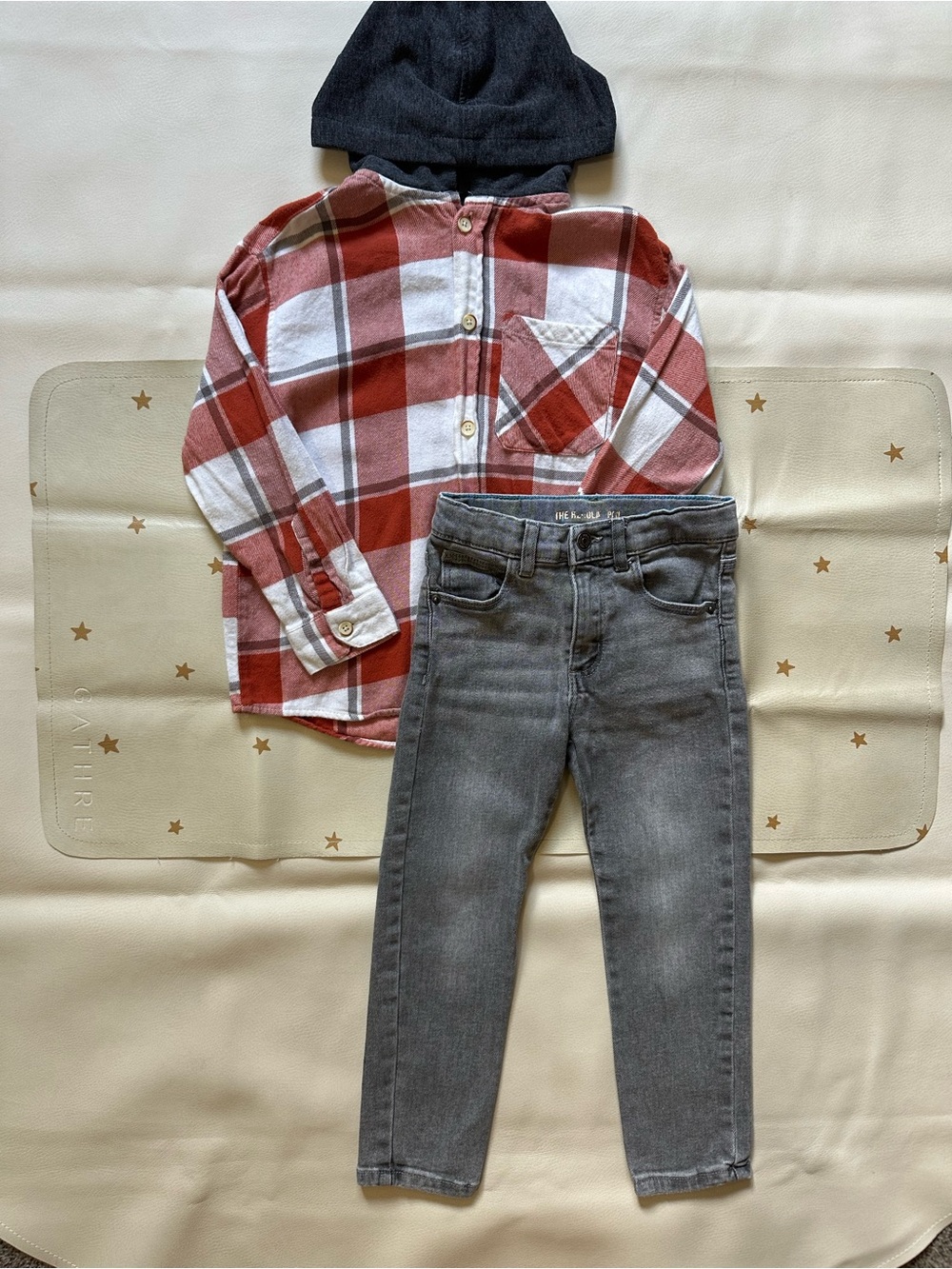 4/5 Zara Red and White Plaid Hooded Shirt with Gray Jeans